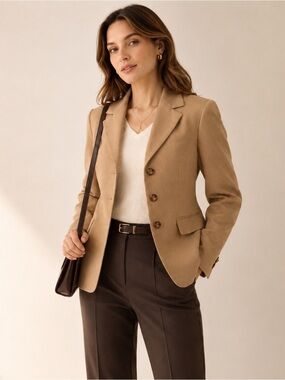 Tahari Arthur S Levine Women’s Wool Lined Tailored Blazer Camel Petite 10P Work